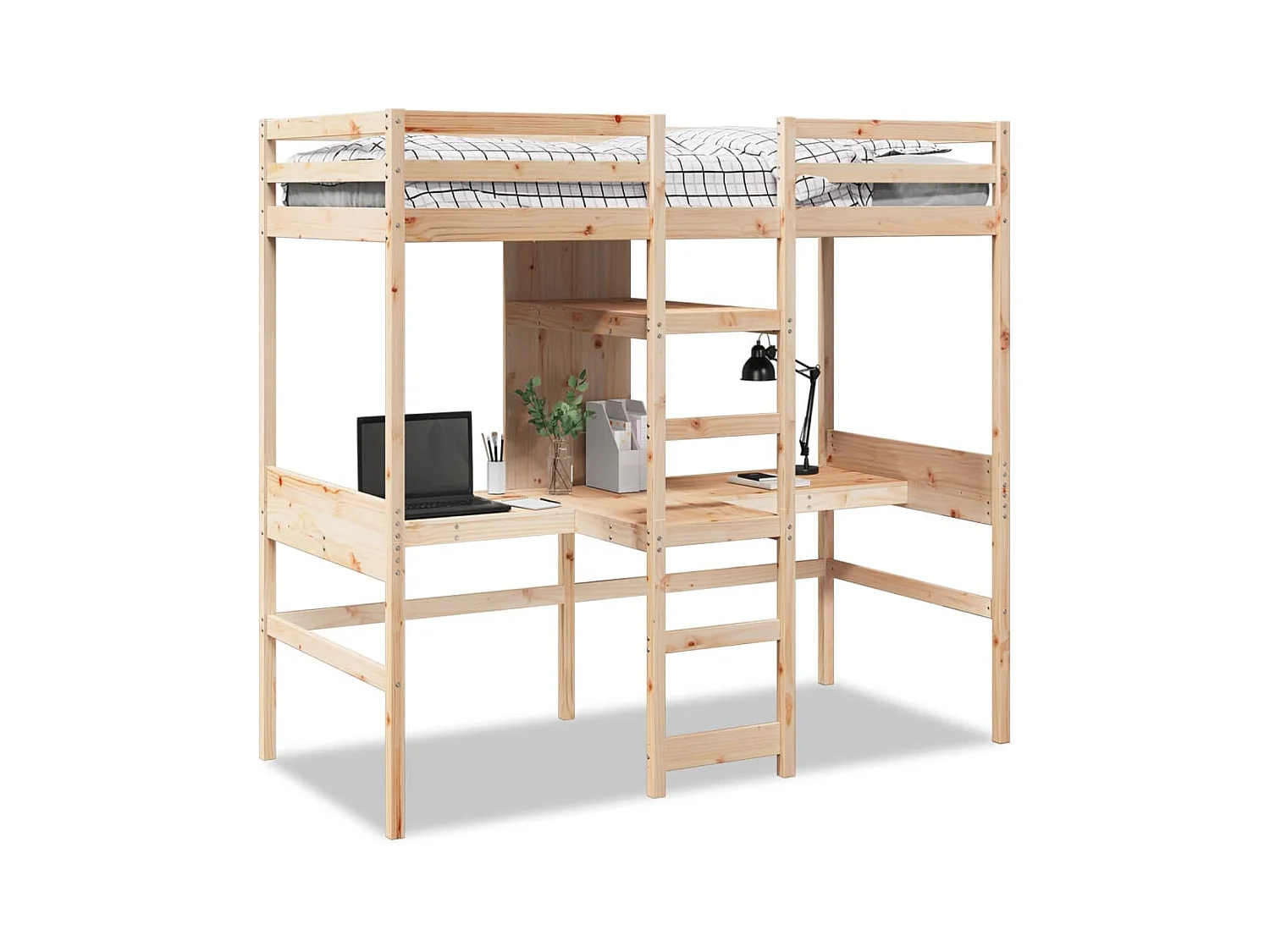 Lit mezzanine avec bureau et étagères 90x200 cm pin massif