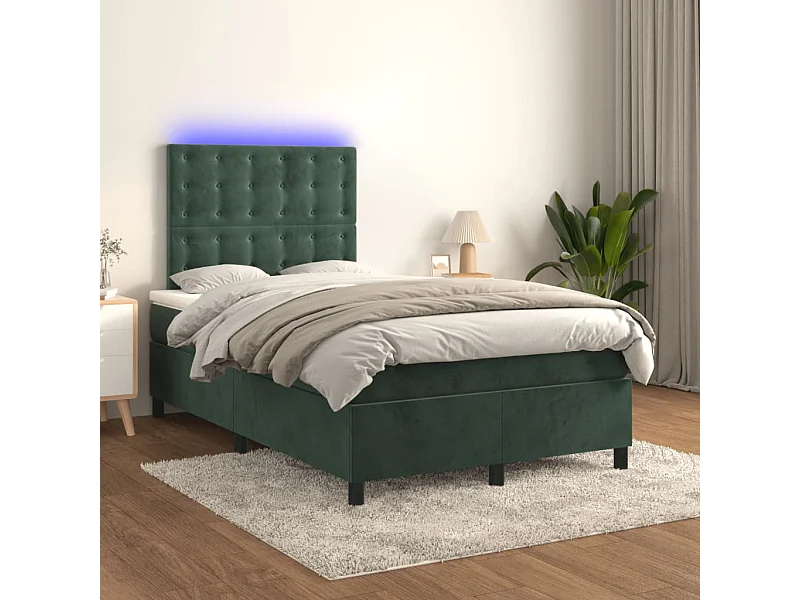 Cama box spring colchón y LED terciopelo verde oscuro 120x200cm