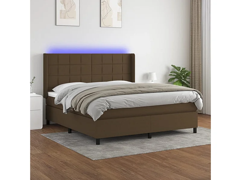 Cama box spring c/ colchão/LED 160x200cm tecido castanho-escuro