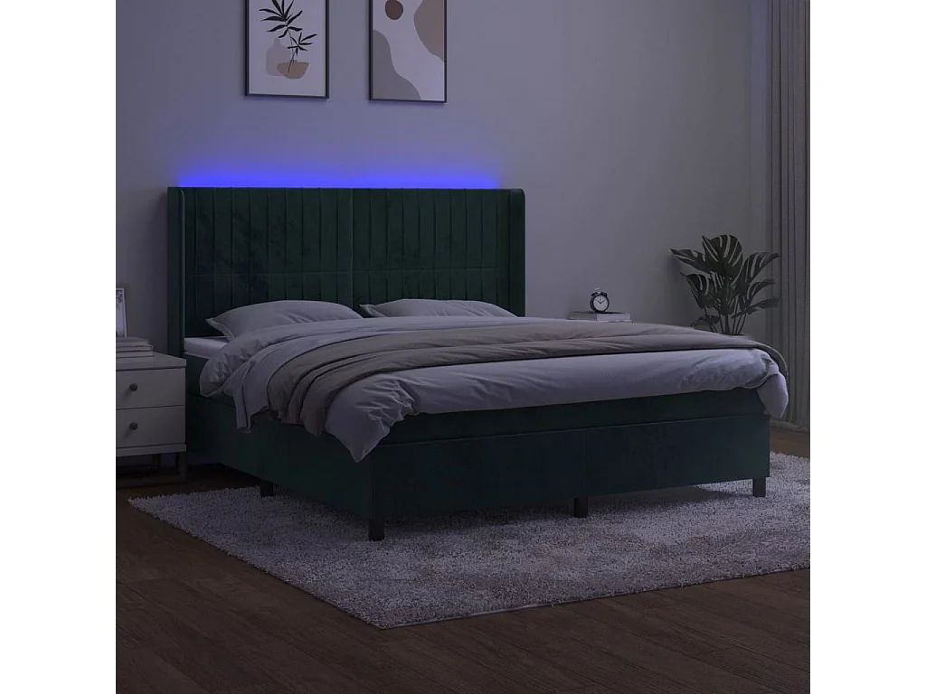 Cama box spring c/ colchão/LED 160x200 cm veludo verde-escuro