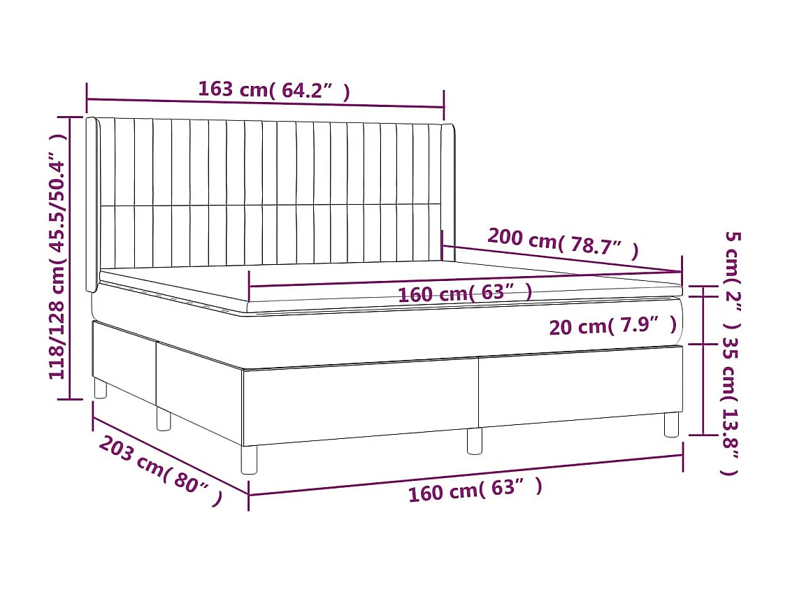 Cama box spring c/ colchão/LED 160x200 cm veludo verde-escuro