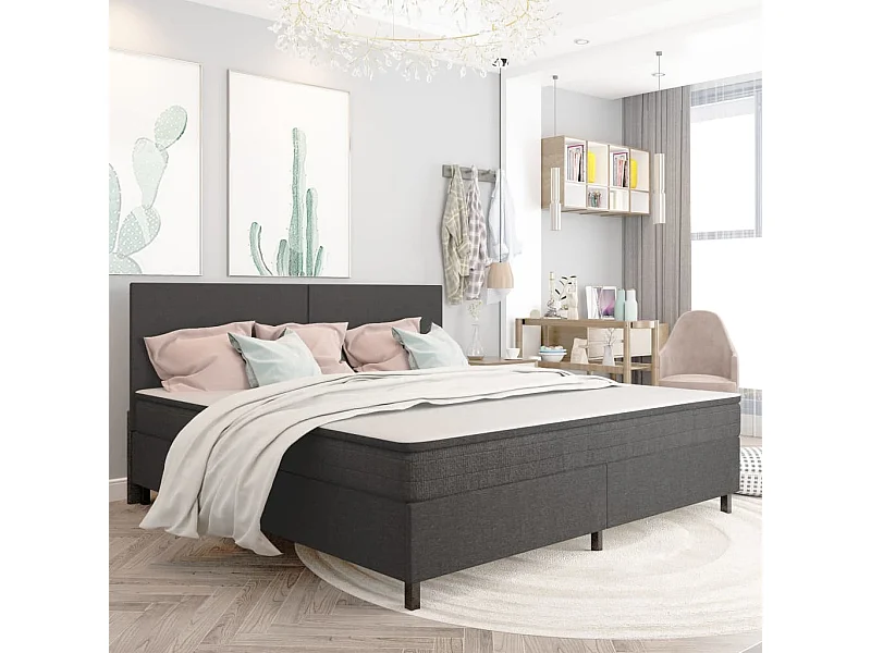 Cama boxspring 200x200 cm tecido cinzento-escuro