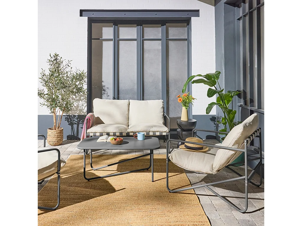 Salon de jardin 4 places avec table en métal. avec des sangles. anthracite