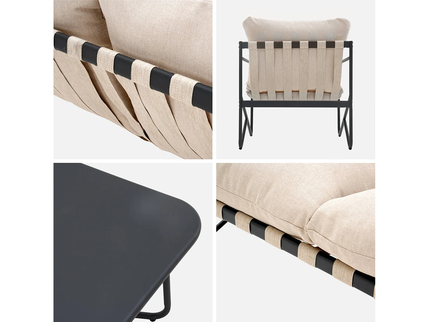 Salon de jardin 4 places avec table en métal. avec des sangles. anthracite