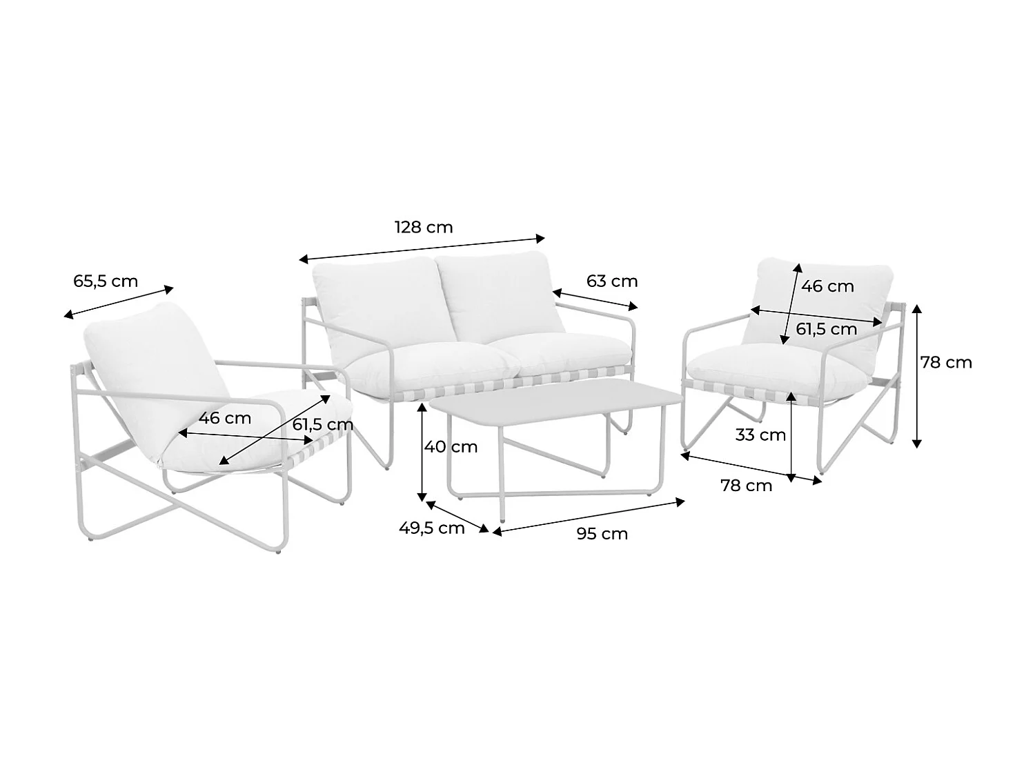 Salon de jardin 4 places avec table en métal. avec des sangles. anthracite