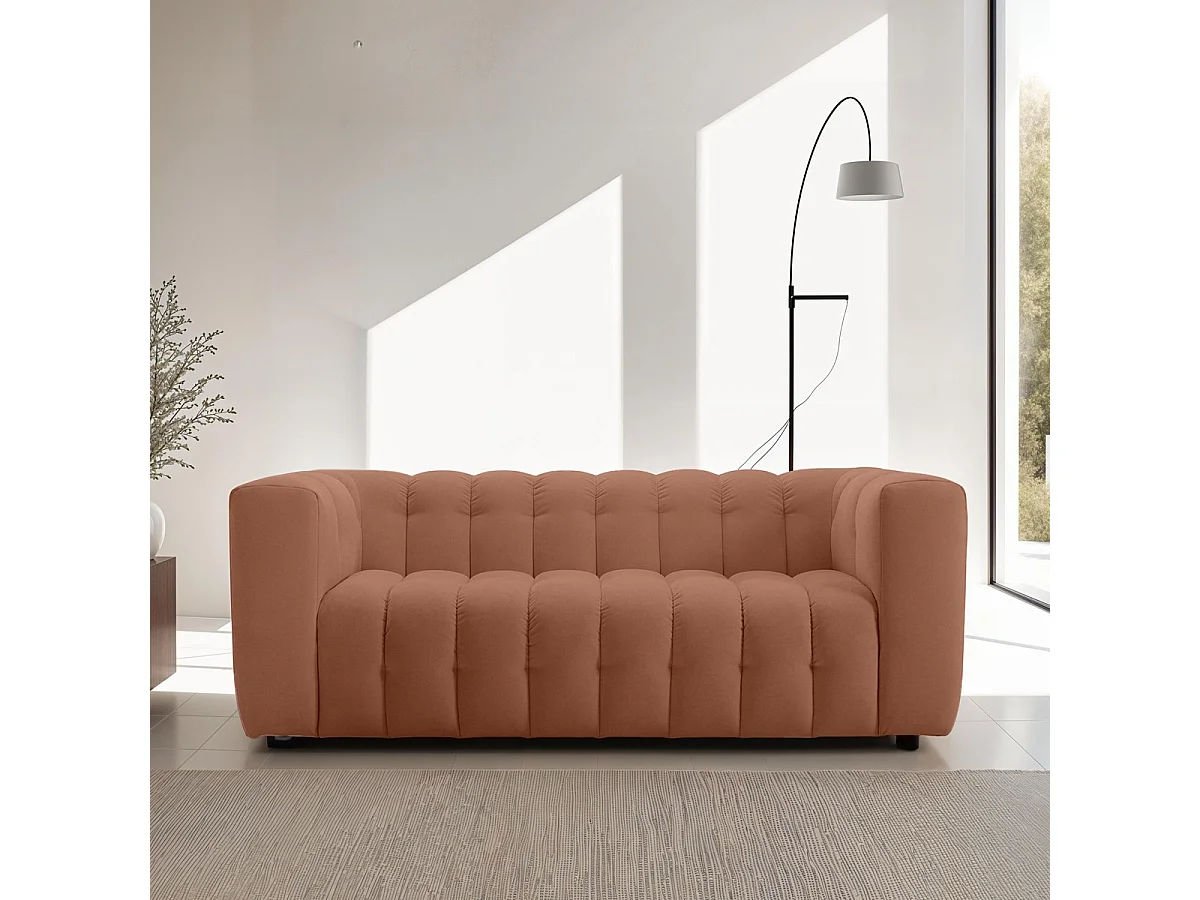 Canapé capitonné 3 places en tissu chenille terracotta - Cester