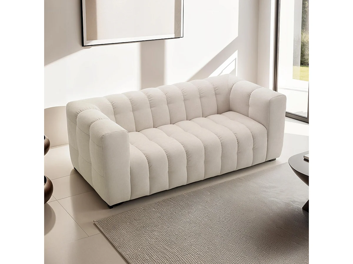 Canapé capitonné 3 places en tissu chenille beige clair- Cester