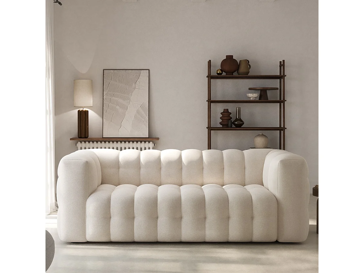 Canapé capitonné 3 places en tissu chenille beige clair- Cester