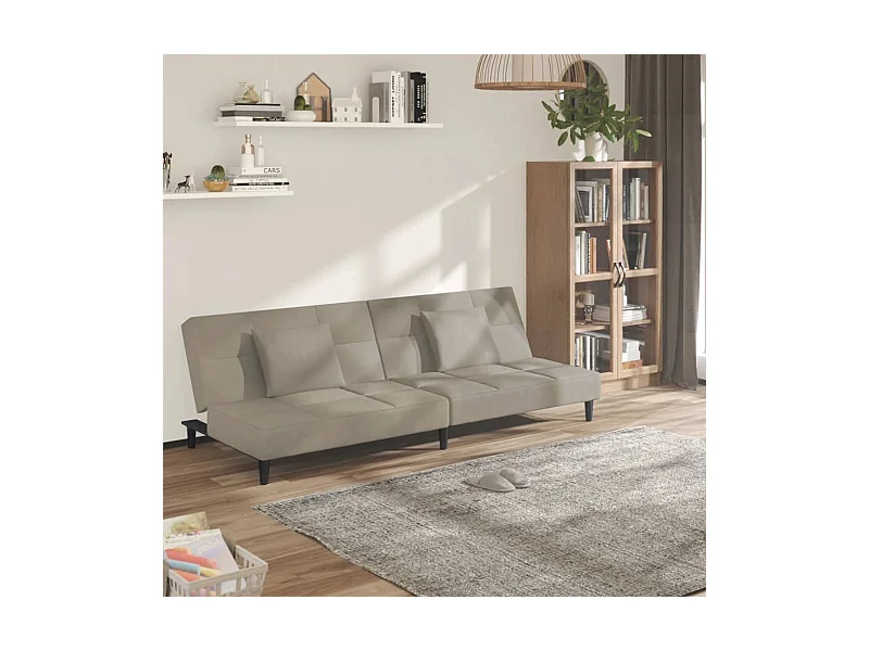 Sofá-cama 2 lugares com duas almofadas veludo cinzento-claro