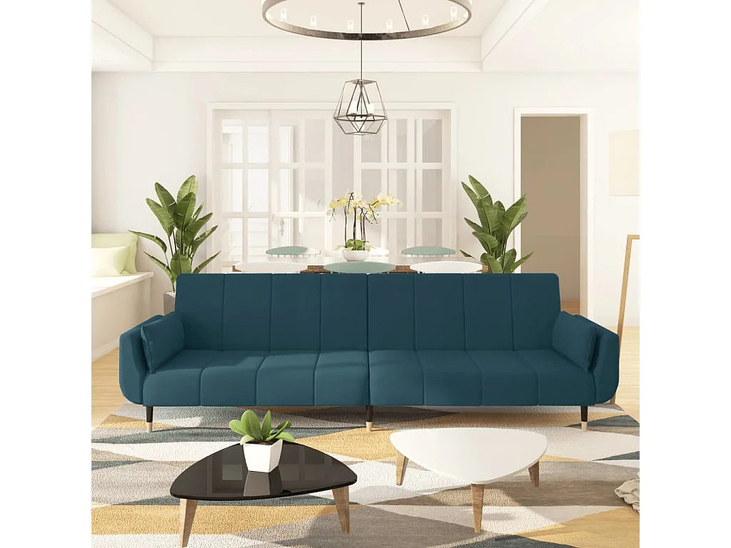 Sofá-cama 2 lugares com duas almofadas veludo azul