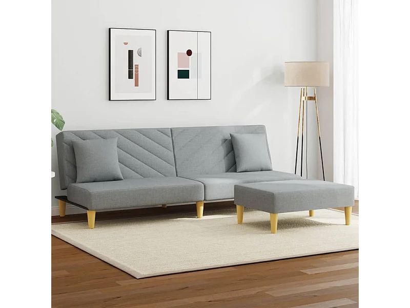 Sofá cama de 2 plazas con almohadas y taburete tela gris claro
