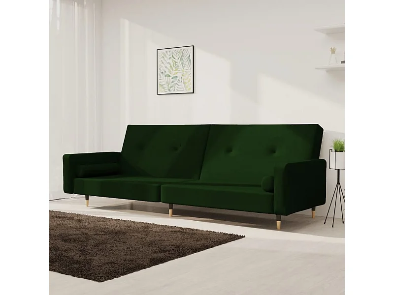 Sofá cama de 2 plazas con dos almohadas terciopelo verde oscuro