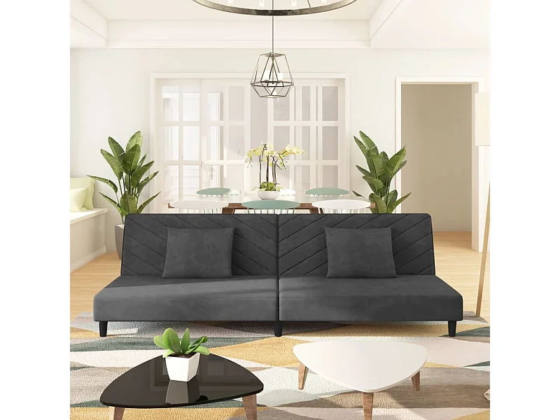 Sofá cama de 2 plazas con dos almohadas terciopelo gris oscuro