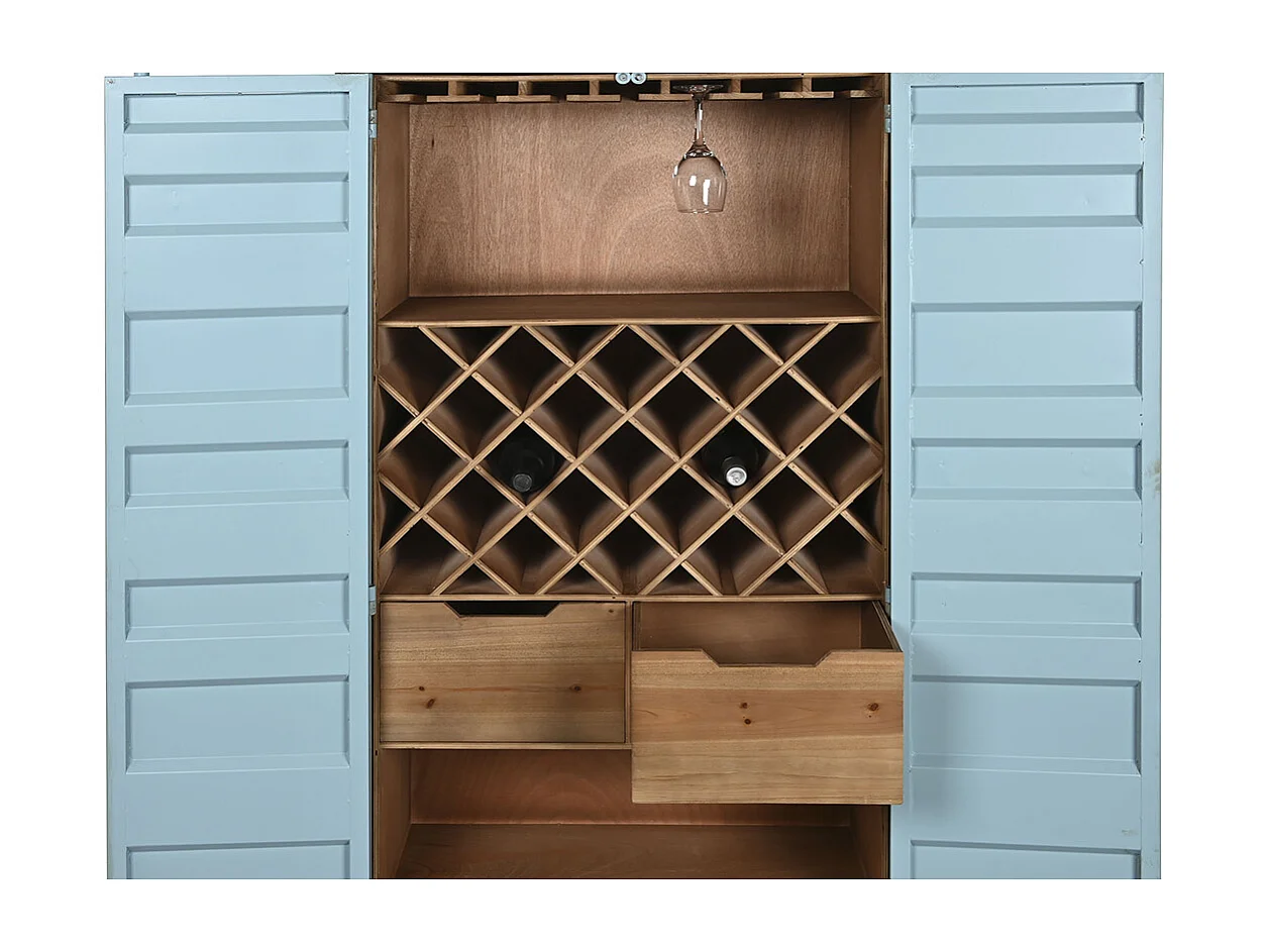 Meuble de Porte-bouteilles en métal et bois coloris bleu - longueur 76 x profondeur 41 x Hauteur 157 cm