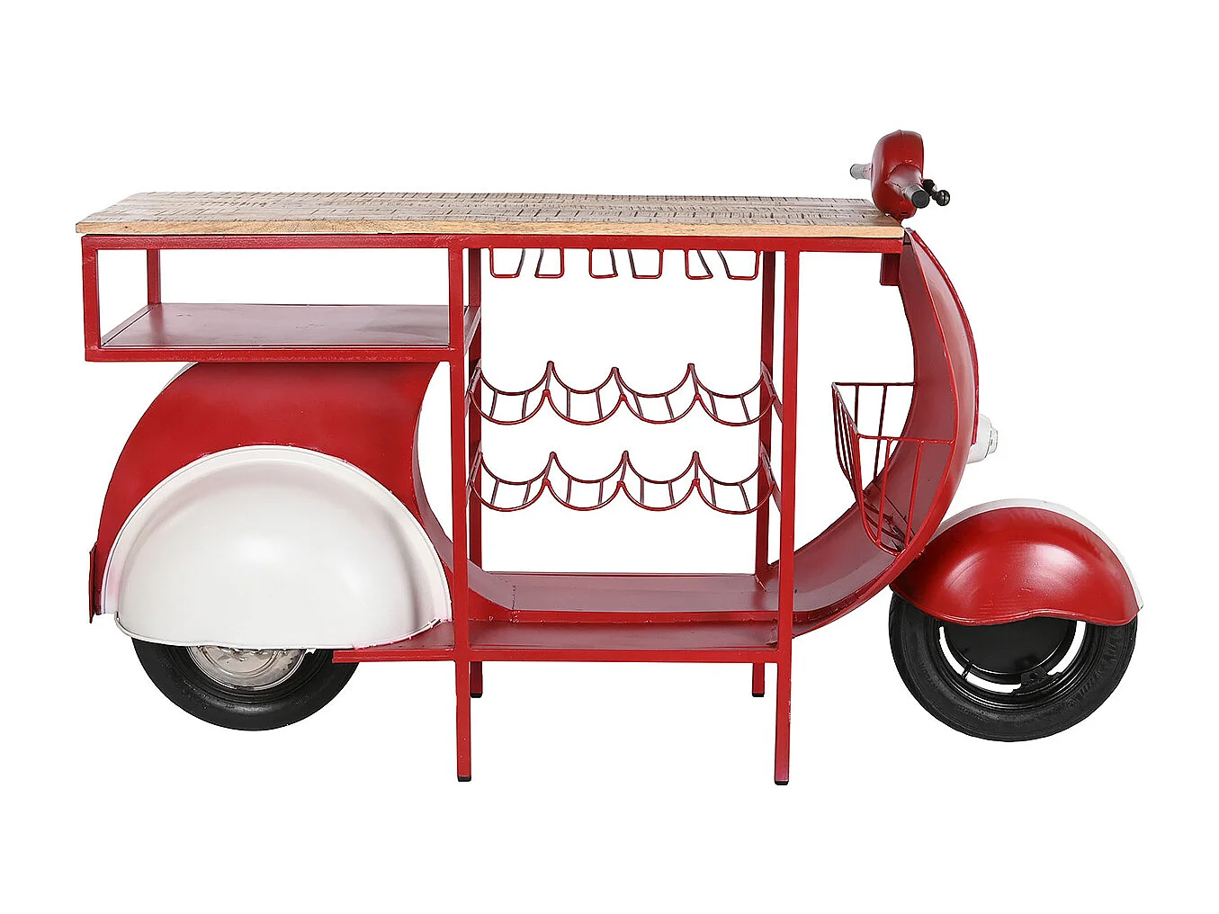 Meuble de Porte-bouteilles en métal coloris rouge et bois naturel - longueur 183 x profondeur 51 x Hauteur 102 cm