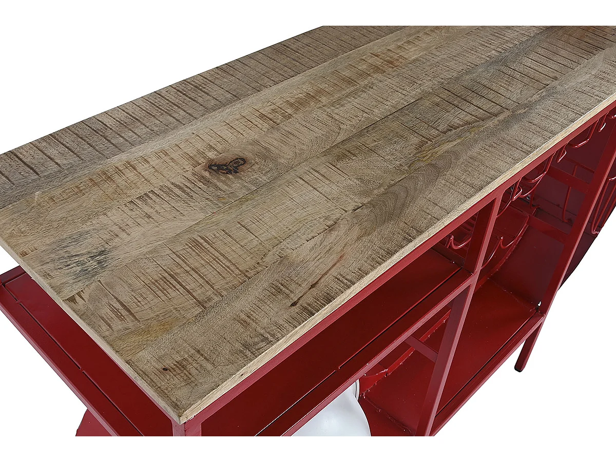 Meuble de Porte-bouteilles en métal coloris rouge et bois naturel - longueur 183 x profondeur 51 x Hauteur 102 cm