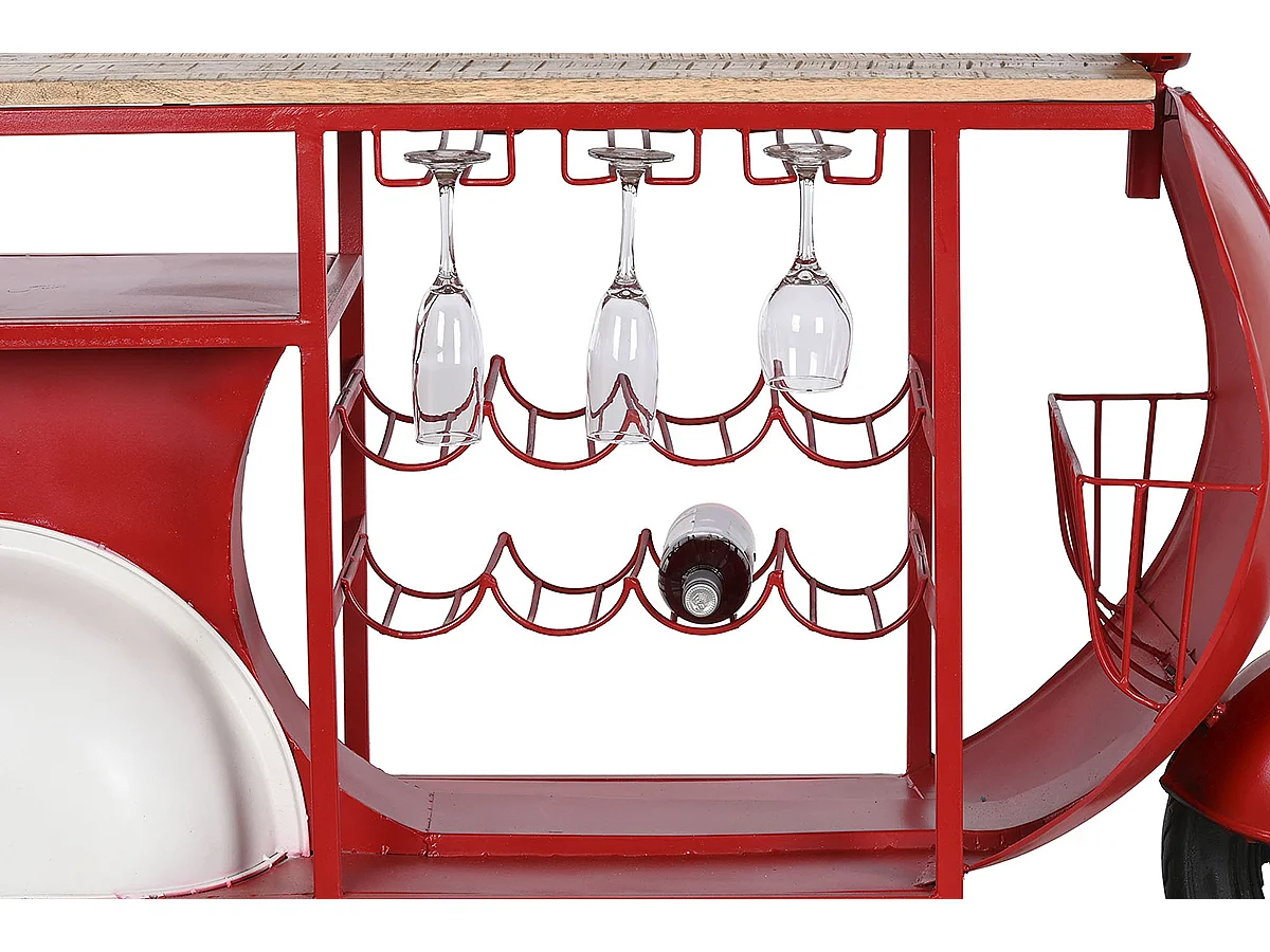 Meuble de Porte-bouteilles en métal coloris rouge et bois naturel - longueur 183 x profondeur 51 x Hauteur 102 cm
