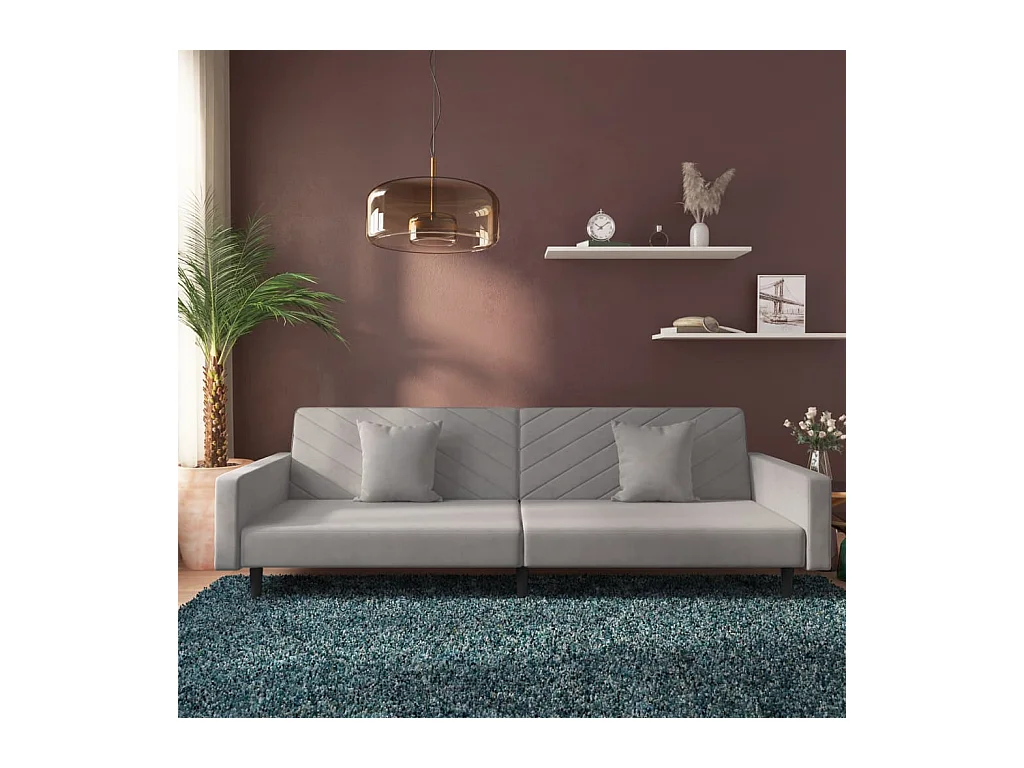 Sofá-cama 2 lugares com duas almofadas veludo cinzento-claro
