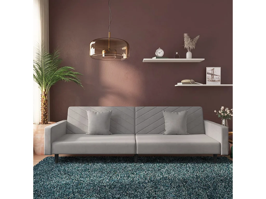 Canapé-lit à 2 places avec deux oreillers Gris clair Velours