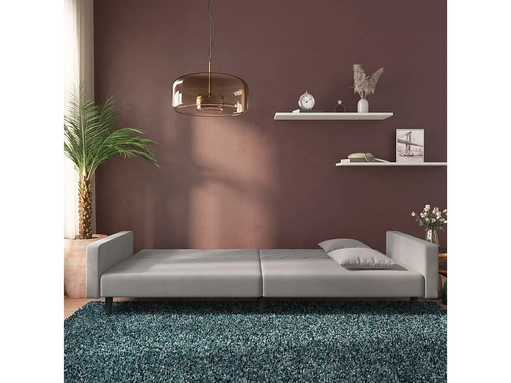 Canapé-lit à 2 places avec deux oreillers Gris clair Velours