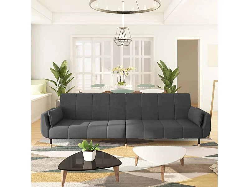 Sofá cama de 2 plazas con dos almohadas terciopelo gris oscuro