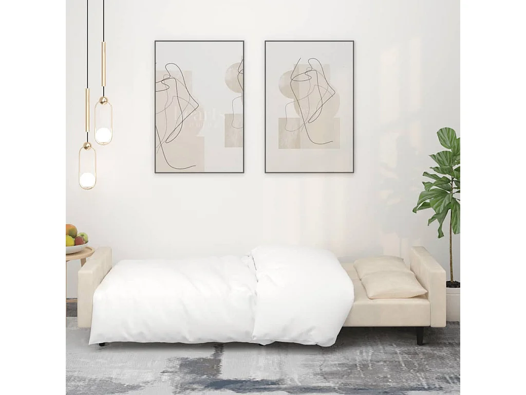 Sofá cama de 2 plazas con dos almohadas terciopelo color crema