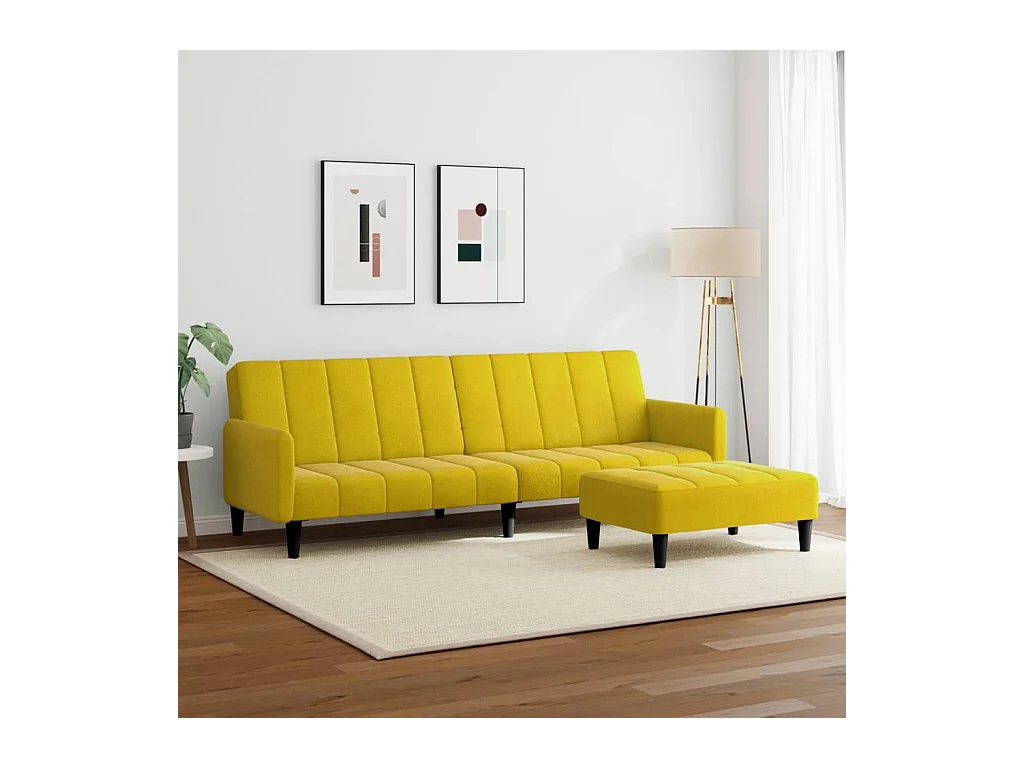 Canapé-lit à 2 places avec repose-pied jaune velours