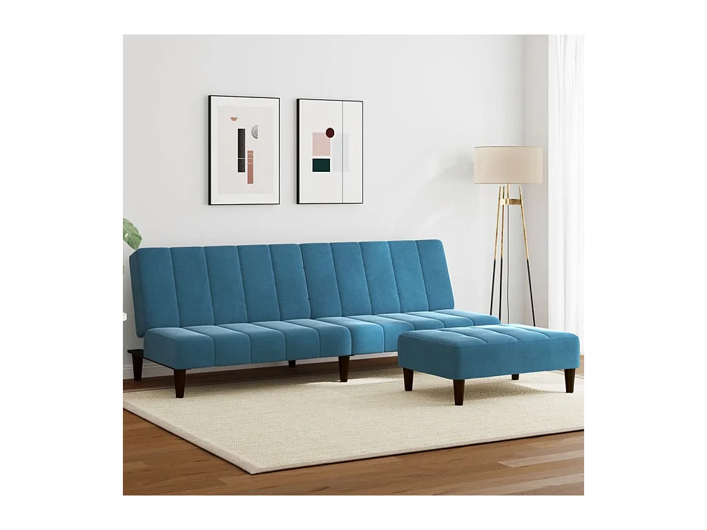 Sofá cama de 2 plazas con taburete terciopelo azul
