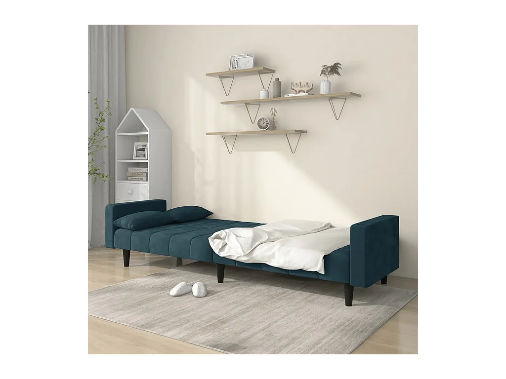 Canapé-lit à 2 places avec deux oreillers bleu velours