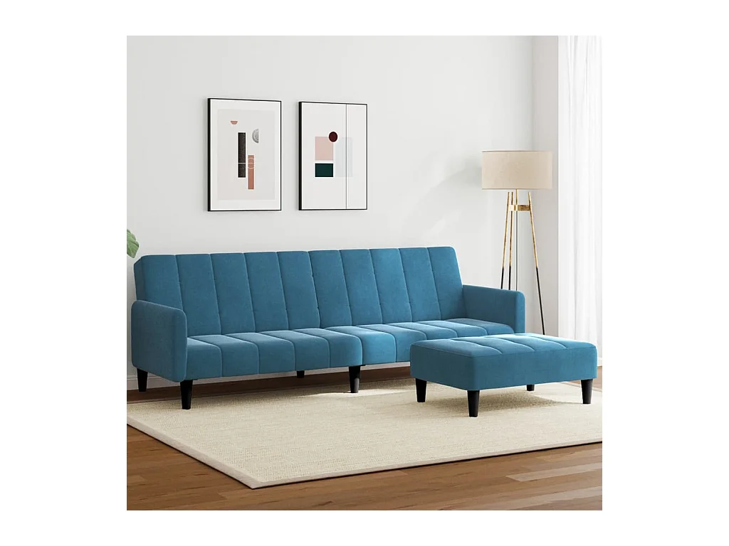 Sofá cama de 2 plazas con taburete terciopelo azul