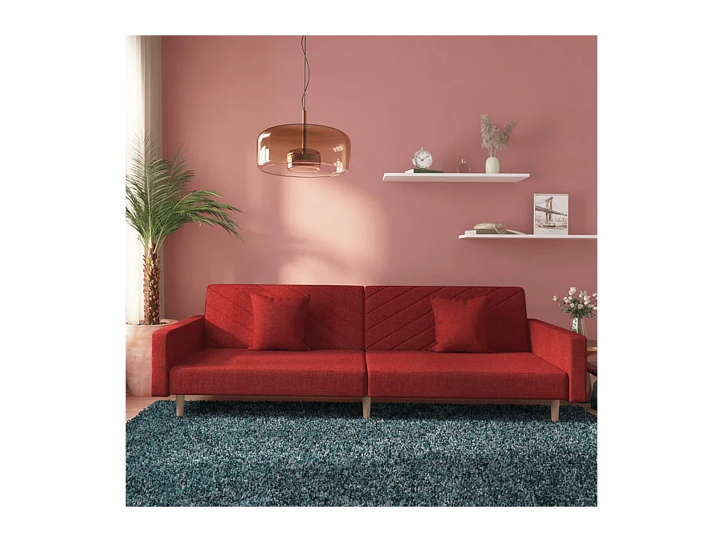 Canapé-lit à 2 places avec deux oreillers rouge bordeaux tissu