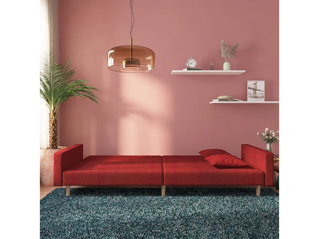 Canapé-lit à 2 places avec deux oreillers rouge bordeaux tissu