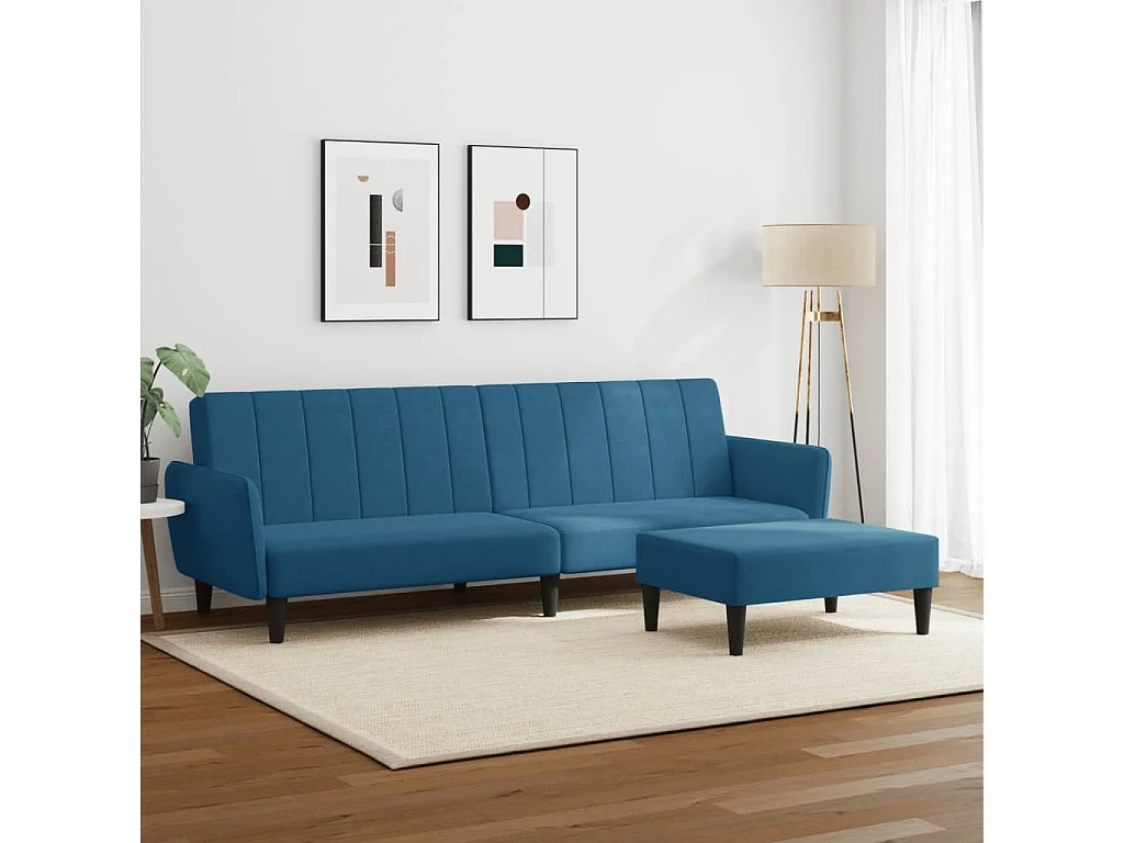 Sofá-cama 2 lugares c/ apoio de pés veludo azul
