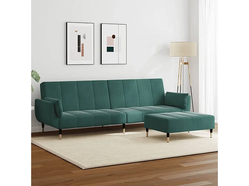 Sofá-cama 2 lugares c/ apoio de pés veludo verde-escuro