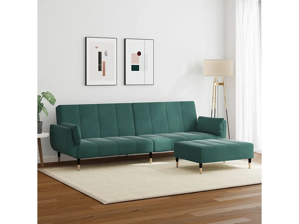 Sofá cama de 2 plazas con taburete terciopelo verde oscuro