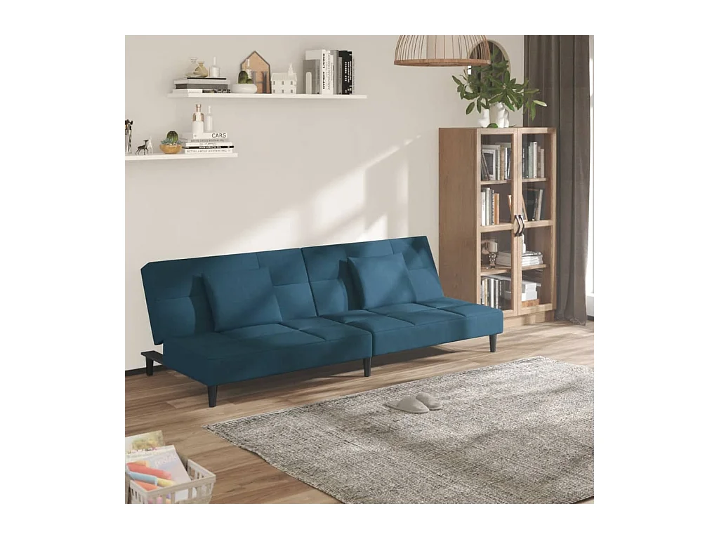 Canapé-lit à 2 places avec deux oreillers bleu velours