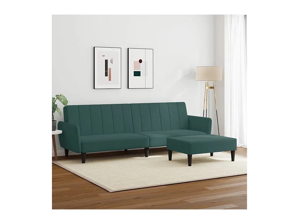 Canapé-lit à 2 places avec repose-pied vert foncé velours