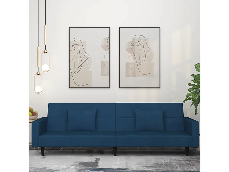 Canapé-lit à 2 places avec deux oreillers bleu velours