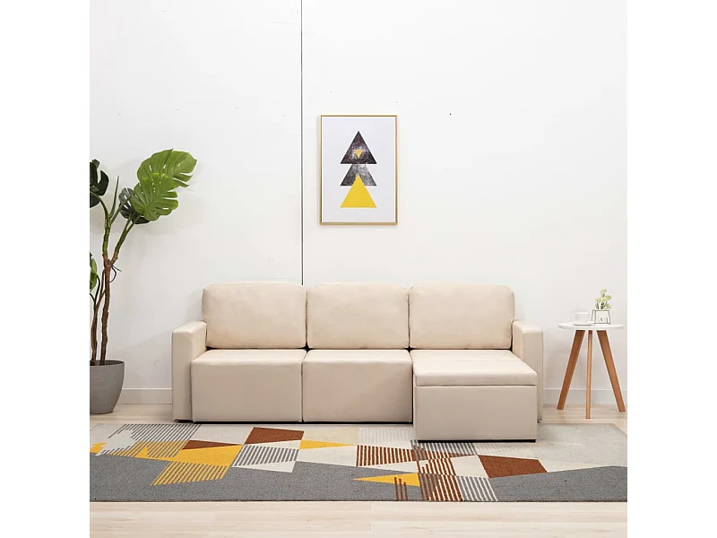 Sofá-cama modular de 3 lugares tecido creme