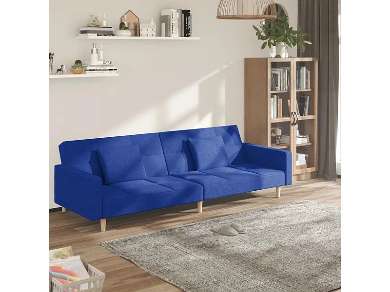 Sofá cama de 2 plazas con dos almohadas tela azul