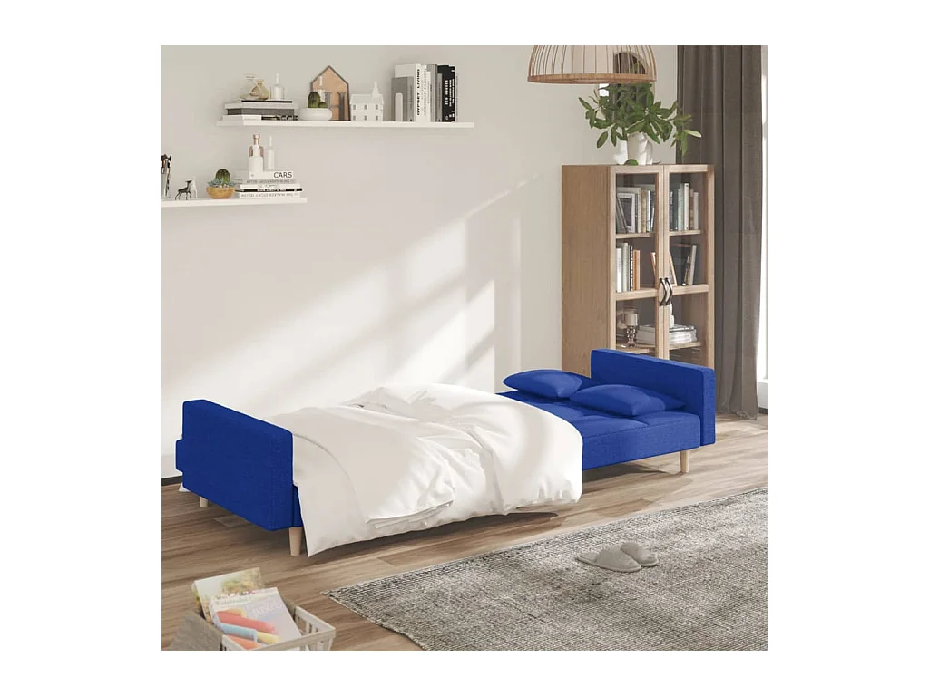 Canapé-lit à 2 places avec deux oreillers bleu tissu