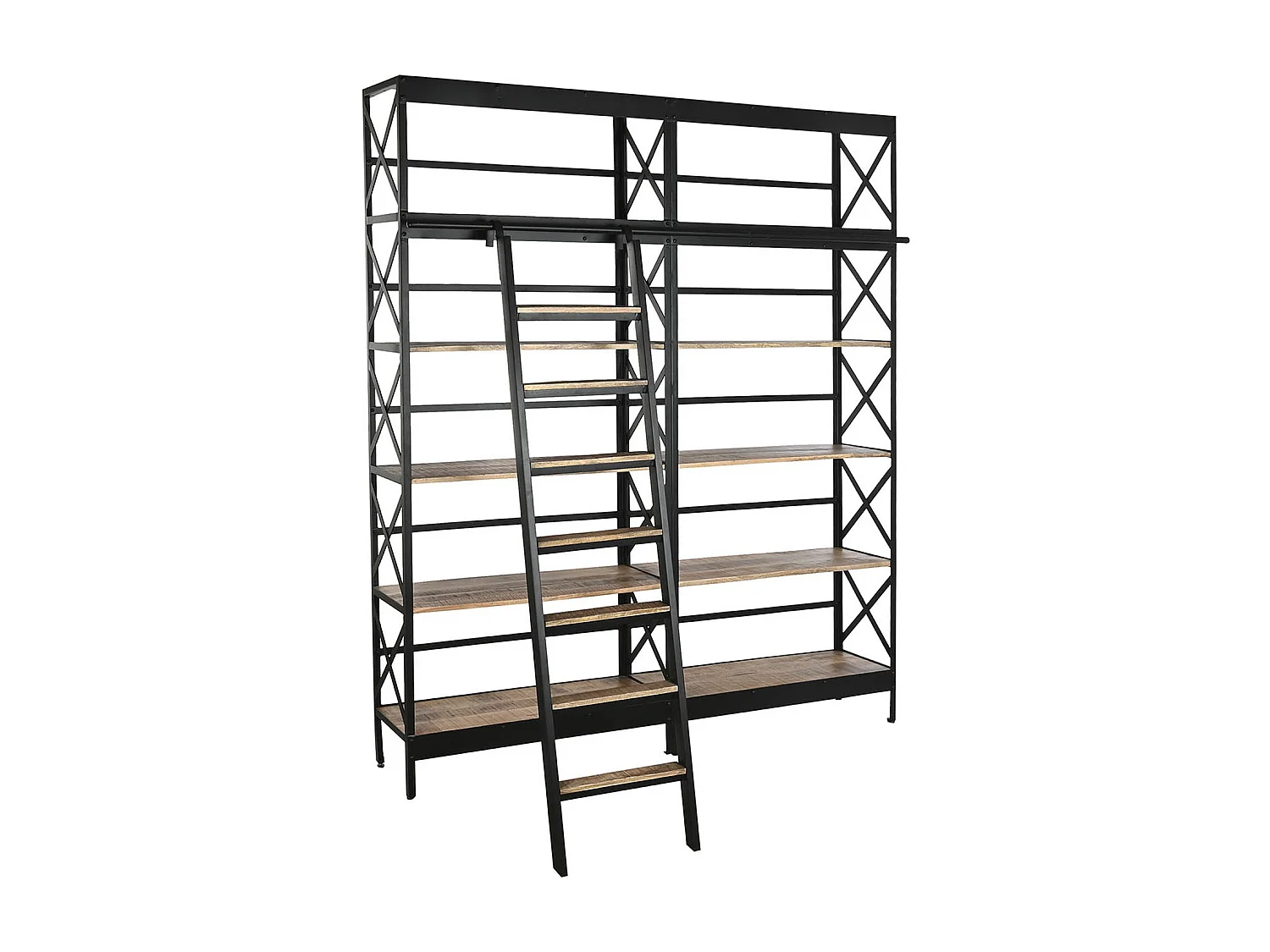 Etagère, bibliothèque en bois coloris naturel et métal noir - longueur 180 x profondeur 35 x Hauteur 220 cm