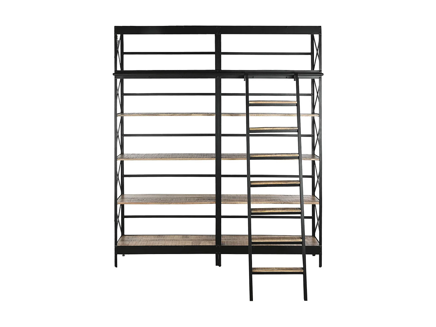 Etagère, bibliothèque en bois coloris naturel et métal noir - longueur 180 x profondeur 35 x Hauteur 220 cm