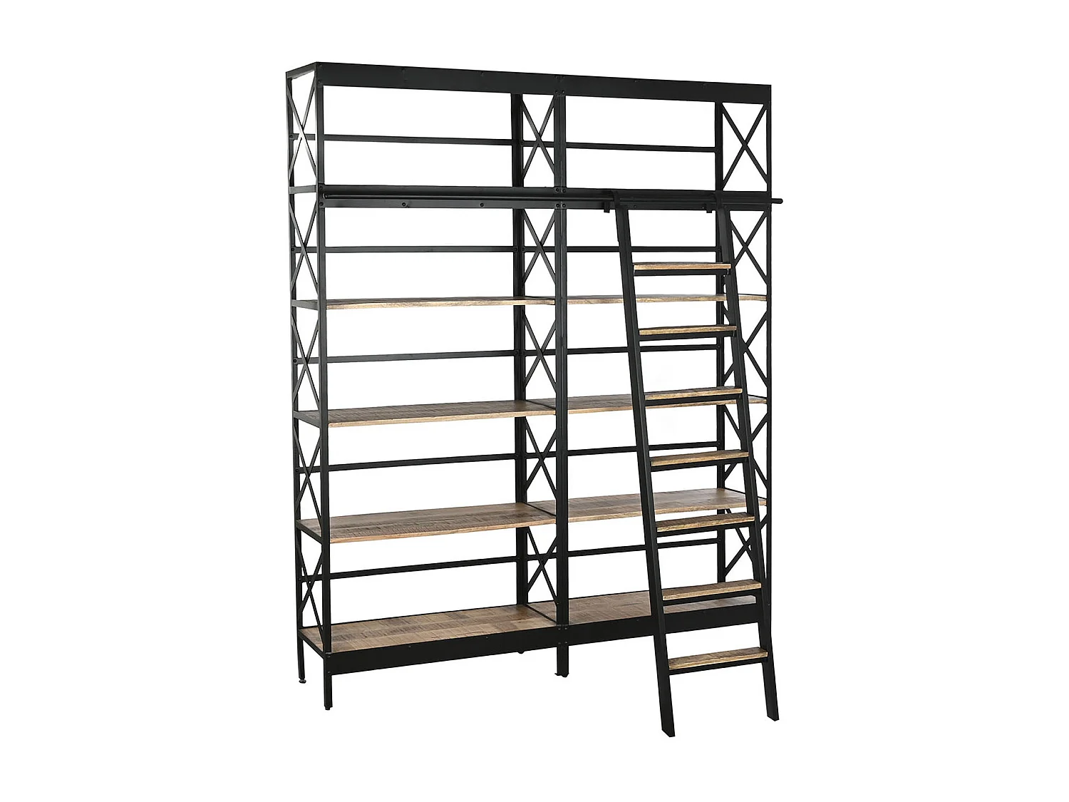 Etagère, bibliothèque en bois coloris naturel et métal noir - longueur 180 x profondeur 35 x Hauteur 220 cm