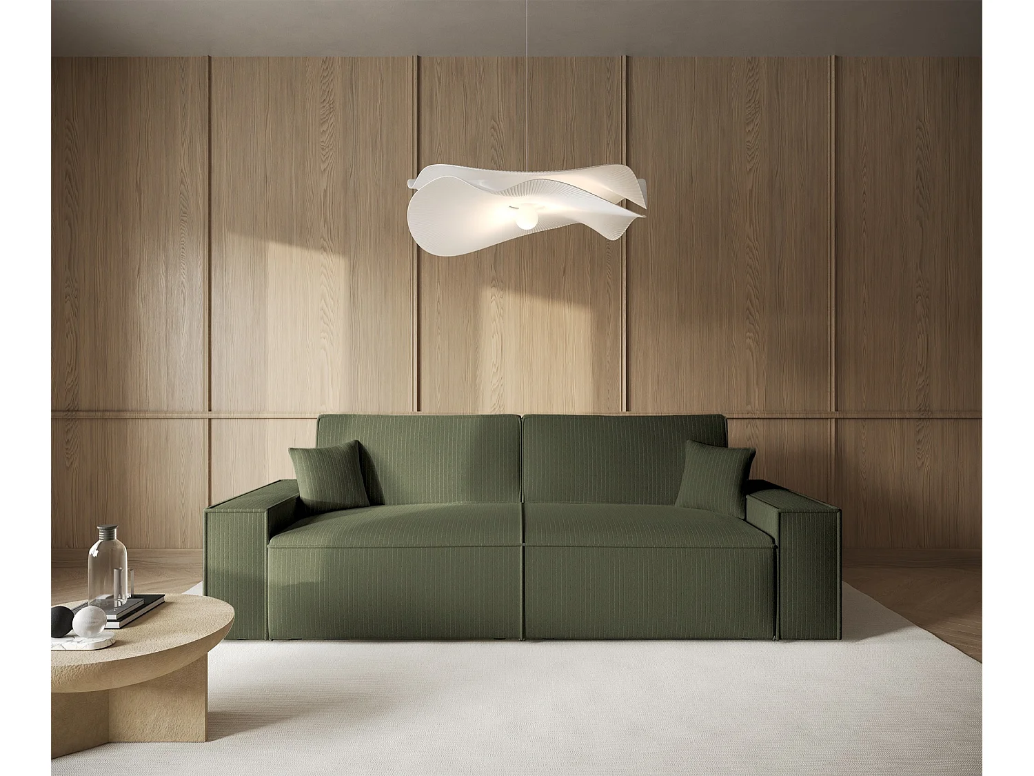 Canapé convertible 3 places - en velours côtelé vert sauge - FARESE