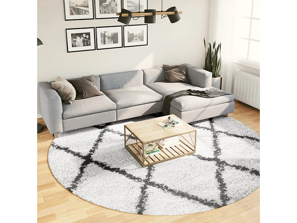Tapis shaggy à poils longs moderne crème et noir ø 280 cm