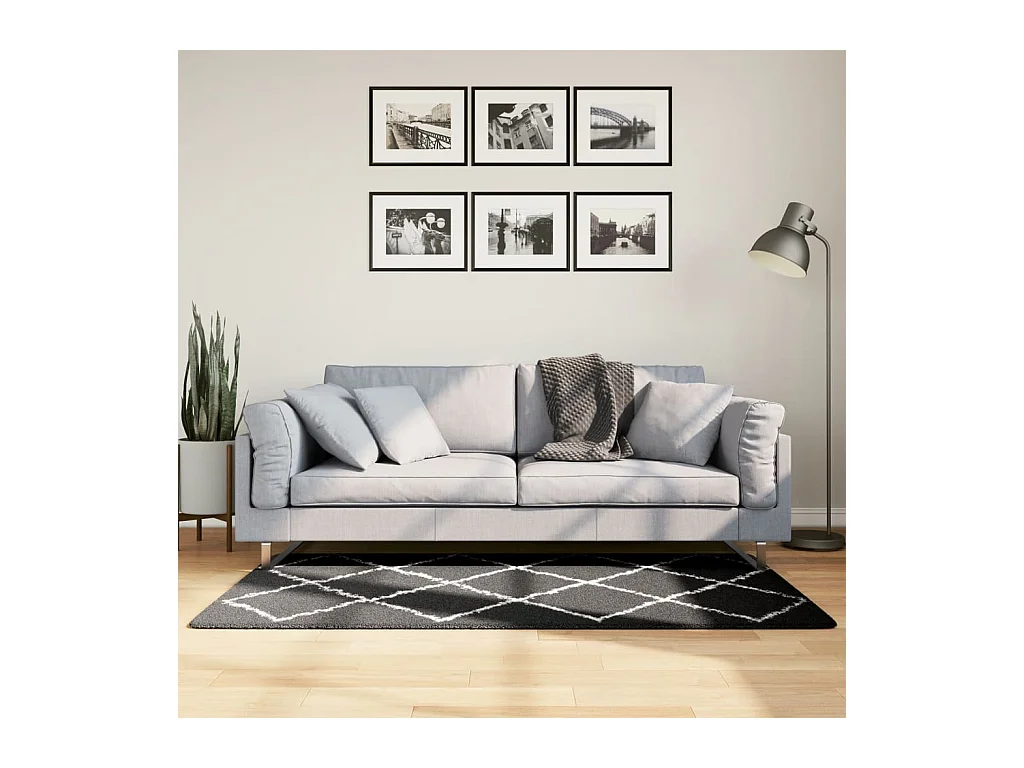 Alfombra de pelo largo moderna negro y crema 80x150 cm