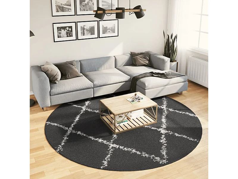 Alfombra de pelo largo moderna negro y crema Ø 240 cm