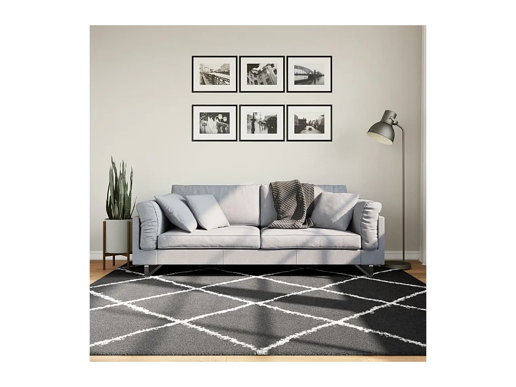 Tapete shaggy de pelo alto 200x200 cm preto e creme