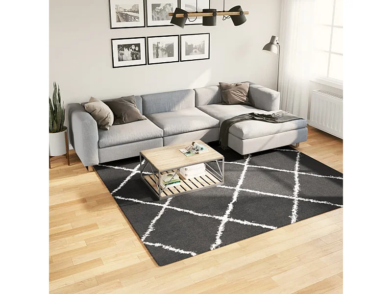 Alfombra de pelo largo moderna negro y crema 240x240 cm